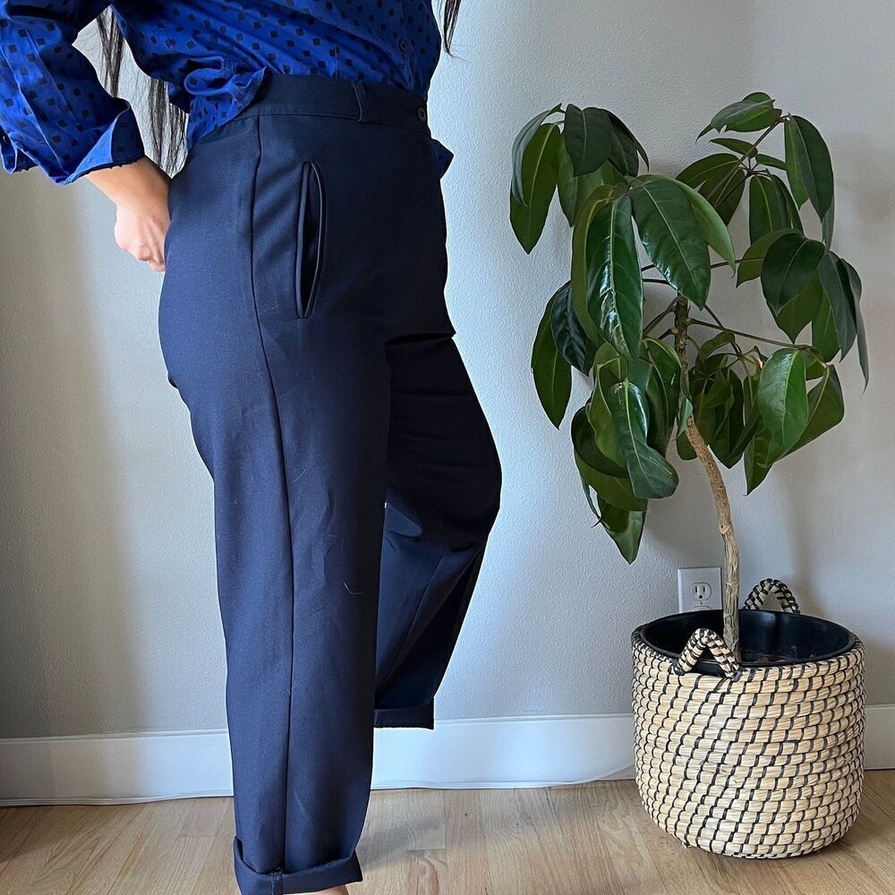 vintage navy blue high waisted trousers pants pockets‎ old money size 8 petite - Picture 5 of 10